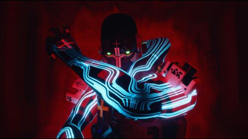 Futuristic Cyberpunk Cyborg Neon Red and Blue 4K Wallpaper