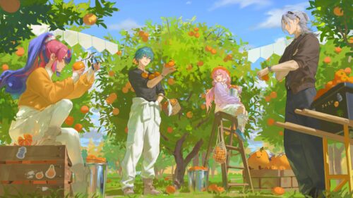 Anime Characters Harvesting Oranges in a Sunny Orchard 4K Desktop Wallpaper