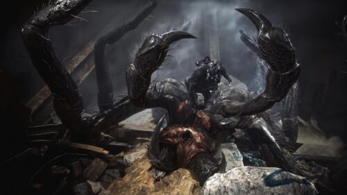 Futuristic Soldier Battling Giant Alien Creature Desktop Wallpaper