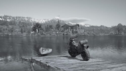 Days Gone Motorcycle at Lakeside Pier Black and White Desktop Wallpaper