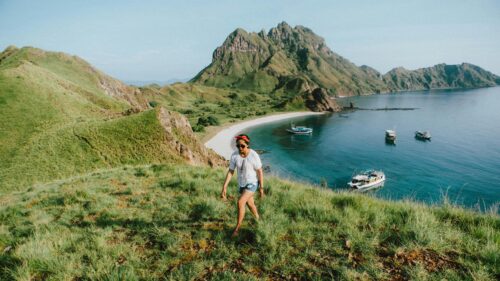Woman Hiking on Padar Island Tropical Landscape Desktop Wallpaper