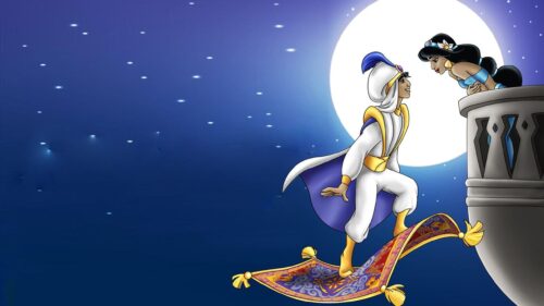 Magical Aladdin and Jasmine Flying on Magic Carpet Sunset View 4K Desktop Wallpaper