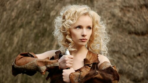 Blonde Viking Shieldmaiden Warrior Holding Sword 4K Desktop Wallpaper