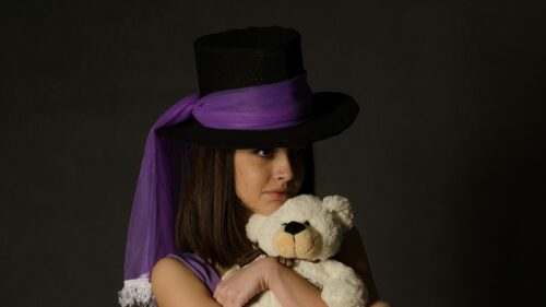 Girl Wearing Purple Veil Top Hat Holding Teddy Bear Desktop Wallpaper