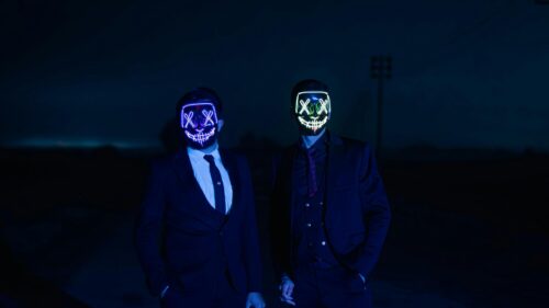 Neon Purge Mask Men in Suits Night Silhouette 4K Wallpaper