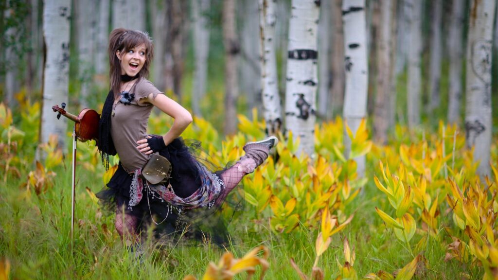 Whimsical Musician Girl with Violin in Birch Forest PC Wallpaper