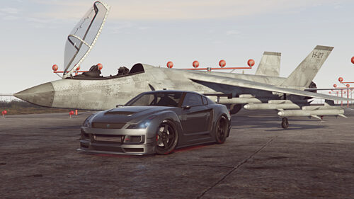 Custom Tuned Sports Car with Fighter Jet Background 4K Wallpaper