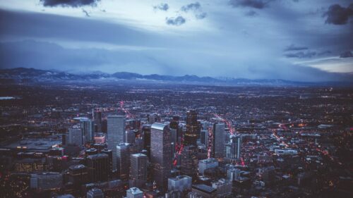 Stunning Aerial View of Denver Cityscape at Twilight PC Wallpaper