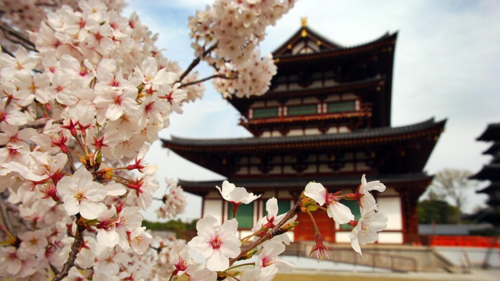 Beautiful Japanese Temple with Cherry Blossoms Spring 4K Wallpaper