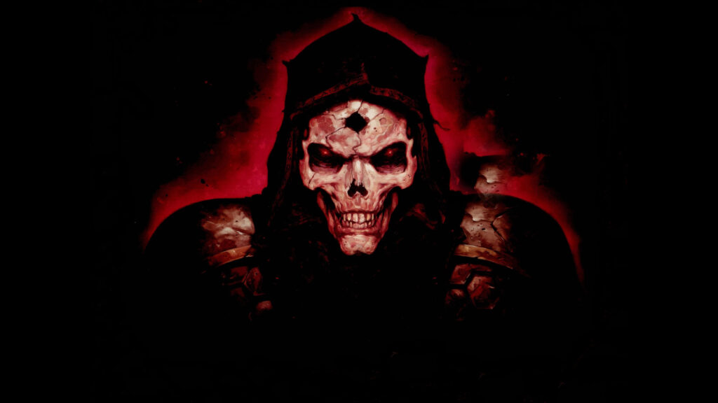 Dark Fantasy Hooded Skeleton Warrior with Glowing Red Eyes 4K Wallpaper