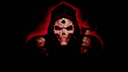 Dark Fantasy Hooded Skeleton Warrior with Glowing Red Eyes 4K Wallpaper