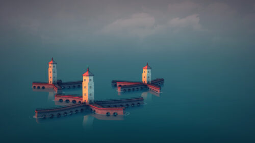 Minimalist Architecture Floating Towers Over Calm Ocean PC Wallpaper