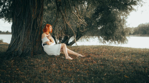 Ethereal Redhead Elf Girl Sitting Under Ancient Tree PC Wallpaper
