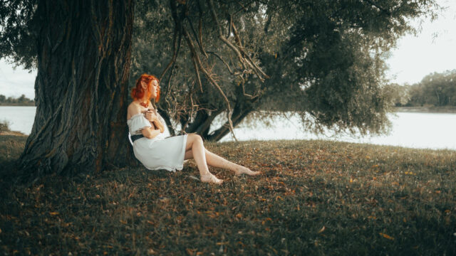 Ethereal Redhead Elf Girl Sitting Under Ancient Tree PC Wallpaper
