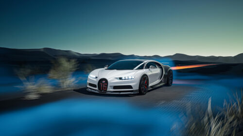 Stunning White Bugatti Chiron Speeding Through Desert Landscape 4K Wallpaper