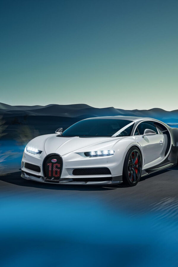 Stunning White Bugatti Chiron Speeding Through Desert Landscape 4K Wallpaper