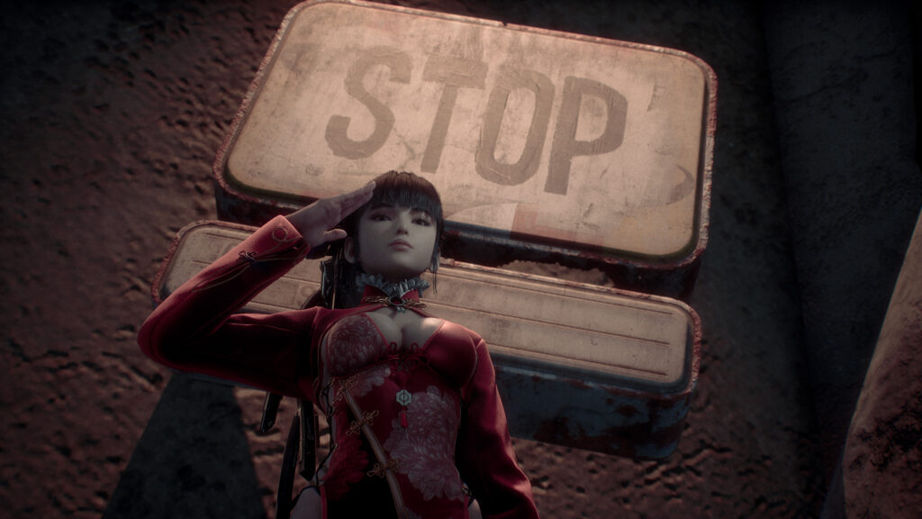 Beautiful Anime Girl Saluting by a Rusty Stop Sign Desktop Wallpaper