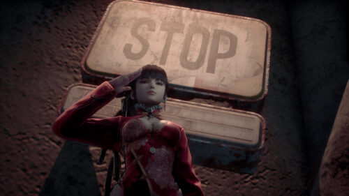 Beautiful Anime Girl Saluting by a Rusty Stop Sign Desktop Wallpaper