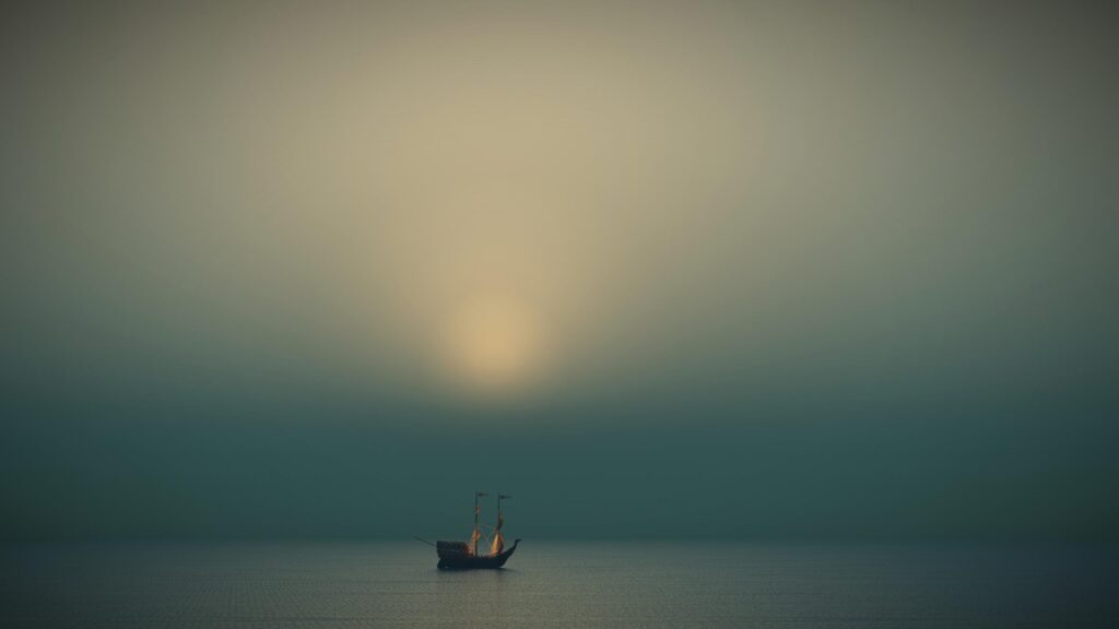 Minimalist Sailing Ship in Foggy Sea Landscape Desktop Wallpaper
