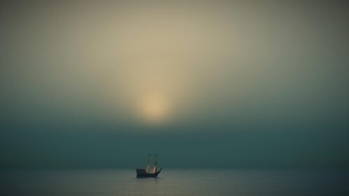 Minimalist Sailing Ship in Foggy Sea Landscape Desktop Wallpaper