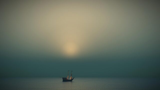 Minimalist Sailing Ship in Foggy Sea Landscape Desktop Wallpaper