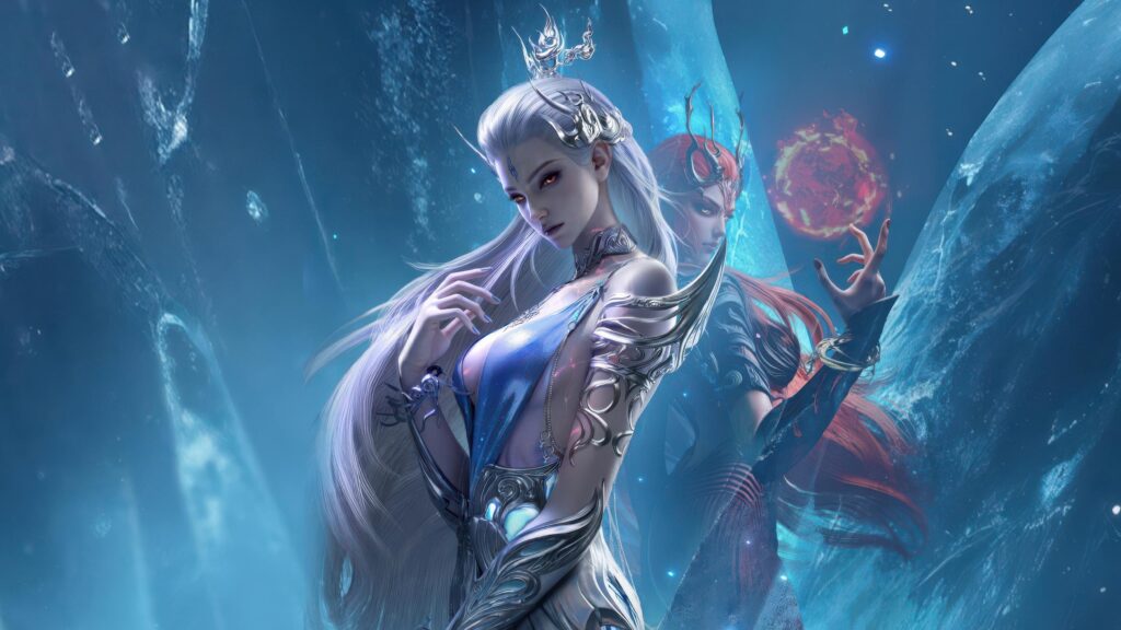Fantasy Goddesses with Fire and Ice Magic 4K PC Wallpaper