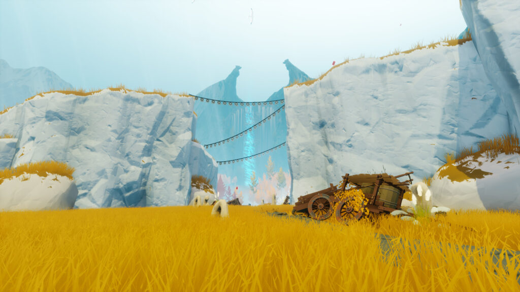 Stylized Fantasy Valley with Glowing Waterfall and Ancient Cart PC Wallpaper