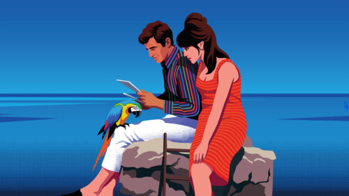 Retro Couple with Macaw Parrot Pop Art Illustration PC Wallpaper