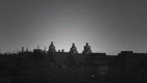 Minimalist Minecraft Village Silhouette in Black and White PC Wallpaper