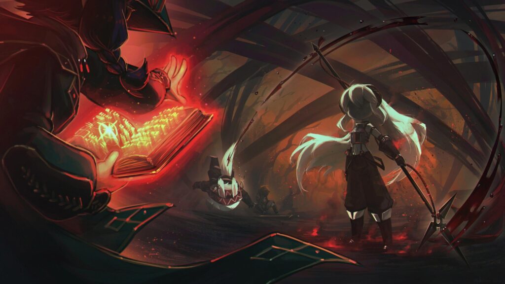 Dark Fantasy Battle with Magic Spellbook and White Haired Warrior 4K Wallpaper