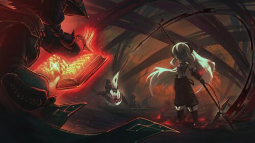 Dark Fantasy Battle with Magic Spellbook and White Haired Warrior 4K Wallpaper