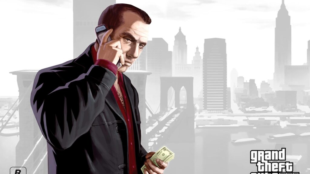 Niko Bellic from Grand Theft Auto IV City Background PC Wallpaper