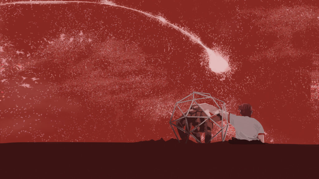 Minimalist Red Aesthetic Universe with Character and Geometric Orb PC Wallpaper