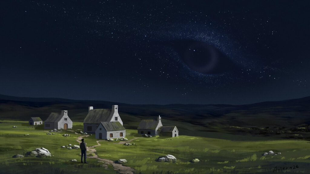 Surreal Night Landscape with Giant Starry Eye Over Village PC Wallpaper