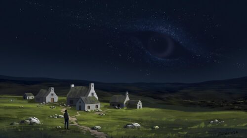 Surreal Night Landscape with Giant Starry Eye Over Village PC Wallpaper