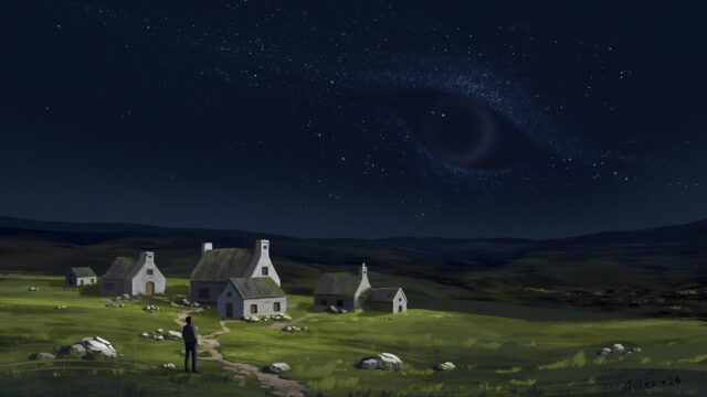Surreal Night Landscape with Giant Starry Eye Over Village PC Wallpaper