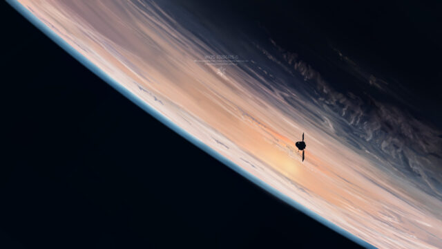 Minimalist Spaceship Orbiting Earth at Sunset 4K Wallpaper