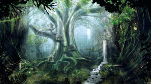 Mystical Giant Treehouse in Enchanted Post Apocalyptic Forest PC Wallpaper