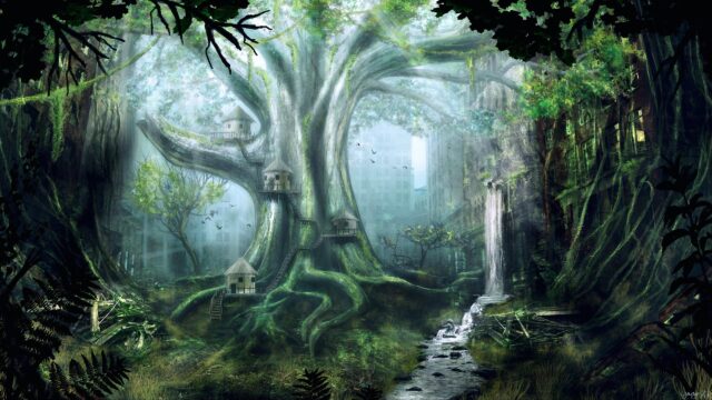 Mystical Giant Treehouse in Enchanted Post Apocalyptic Forest PC Wallpaper