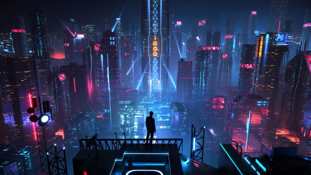 Futuristic Cyberpunk Cityscape with Silhouette at Night 4K PC Wallpaper