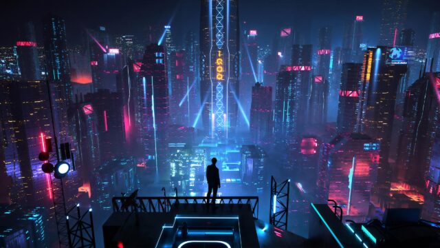 Futuristic Cyberpunk Cityscape with Silhouette at Night 4K PC Wallpaper
