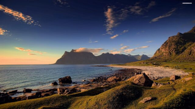 Breathtaking Lofoten Norway Coastal Mountain Sunset Desktop Wallpaper