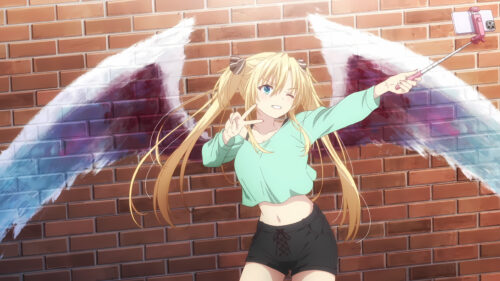 Anime Girl Taking a Selfie with Painted Wings Desktop Wallpaper