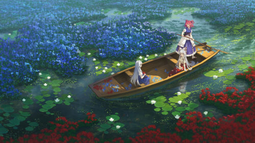 Anime Girls Boating in a Floral Lake Scenic Landscape 4K Wallpaper