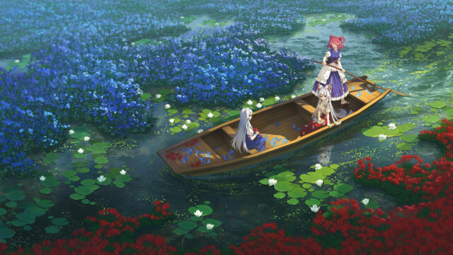 Anime Girls Boating in a Floral Lake Scenic Landscape 4K Wallpaper