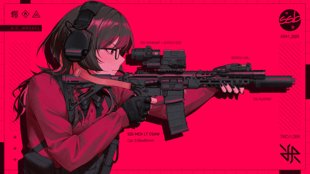 Anime Tactical Girl with SIG MCX Rifle Vibrant Red Aesthetic PC Wallpaper