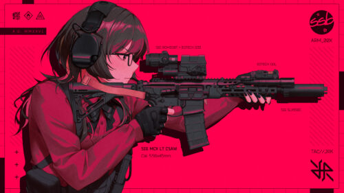 Anime Tactical Girl with SIG MCX Rifle Vibrant Red Aesthetic PC Wallpaper