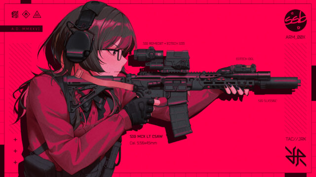 Anime Tactical Girl with SIG MCX Rifle Vibrant Red Aesthetic PC Wallpaper