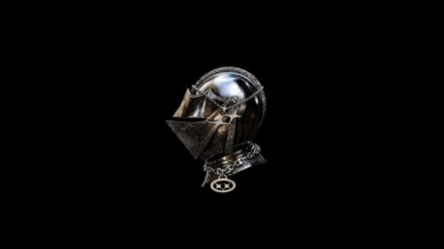 Medieval Steel Knight Helmet with Ornamental Chain Details 4K PC Wallpaper