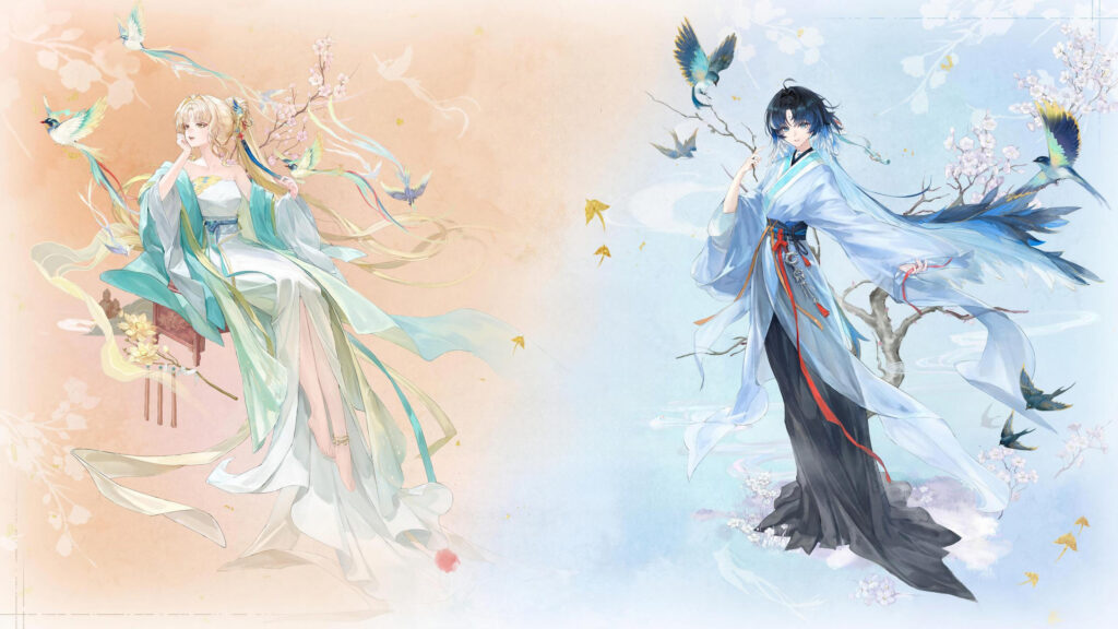 Beautiful Anime Fantasy Duo with Birds and Cherry Blossoms PC Wallpaper